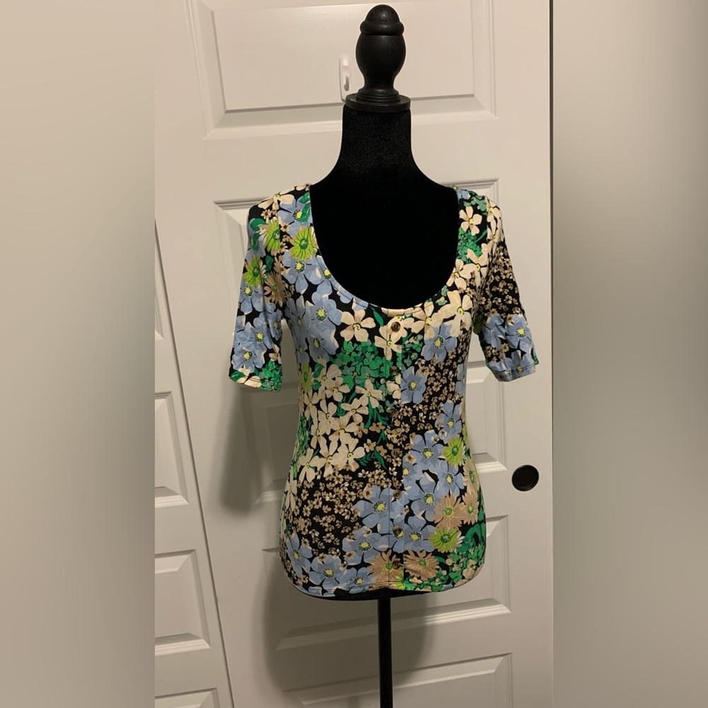 H&M Black Floral Scoop Neck Top with Blue and Green Flowers